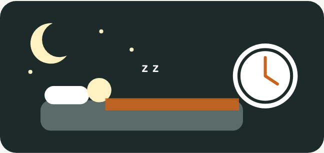 ふとんで眠る人と、月と時計のスリープタイマーのイラスト