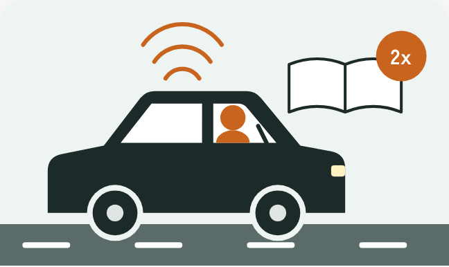 車を運転しながら、車のスピーカーでオーディブルを聴いている人のイラスト