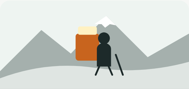 山道を、大きな荷物を背負って歩く人のイラスト