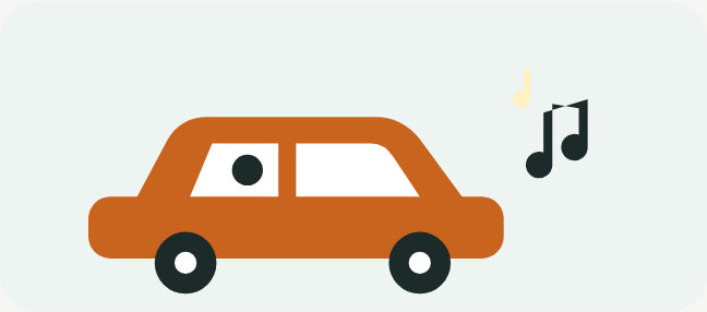 車を運転しながら、音符が流れて本を聴いているイラスト