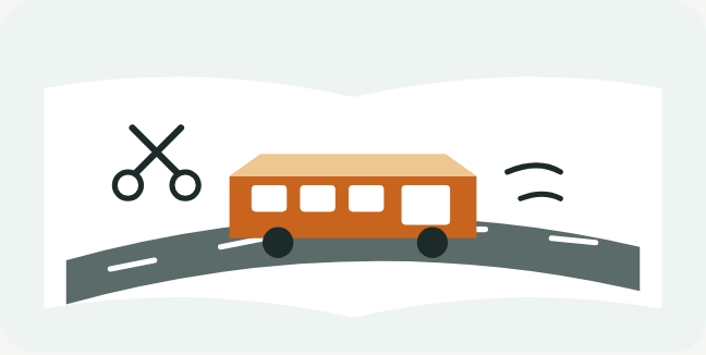 紙で組み立てたミニバスが、絵本に描かれた道路の上を走るイラスト