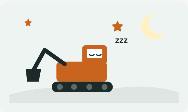 三日月の下で、目をとじたショベルカーが眠っているイラスト