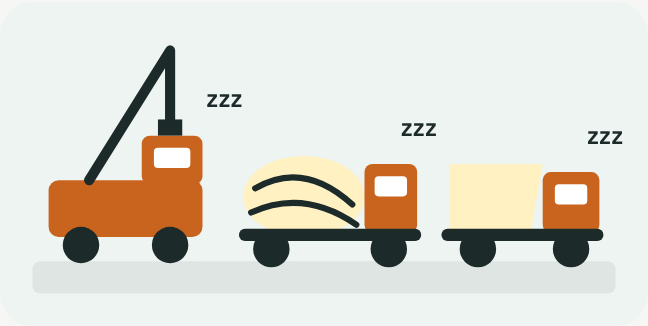 クレーン車とミキサー車とダンプカーが並んで眠っているイラスト