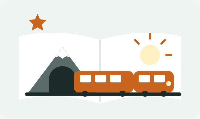 開いた絵本のトンネルの穴から電車が出てくるイラスト
