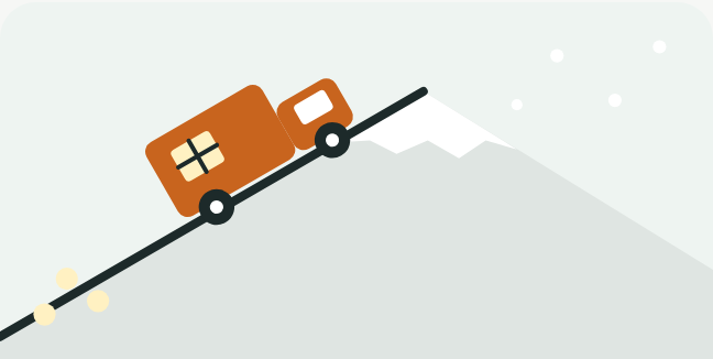 荷物を積んだ宅配トラックが雪の山道を登っていくイラスト