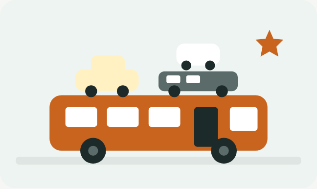 大きなバスの上に小さな車たちがおんぶされているイラスト