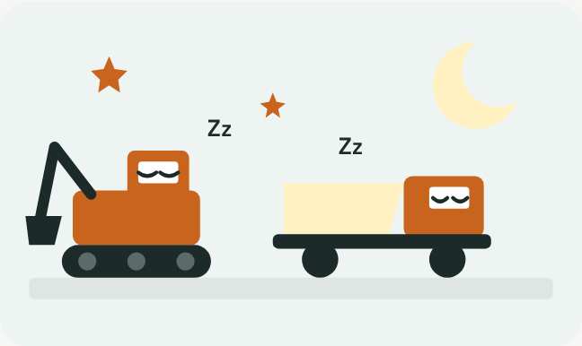 月と星の夜空の下で、ショベルカーとダンプカーが眠っているイラスト
