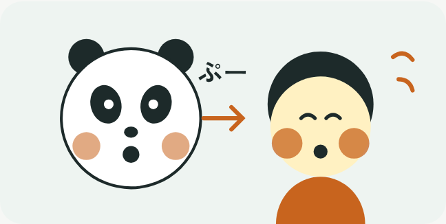 ほっぺをふくらませたパンダと、それをマネする子どものイラスト