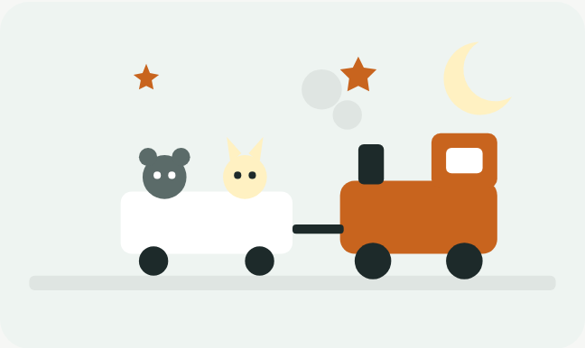 夜空の下、動物たちを乗せた小さな機関車がのんびり走るイラスト