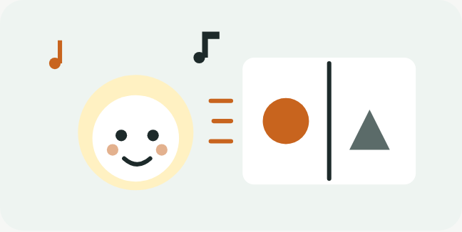 赤ちゃんが絵本をじっと見つめ、まわりに音符が浮かんでいるイラスト