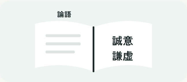 開いた古い本と、誠意・謙虚という言葉のイラスト